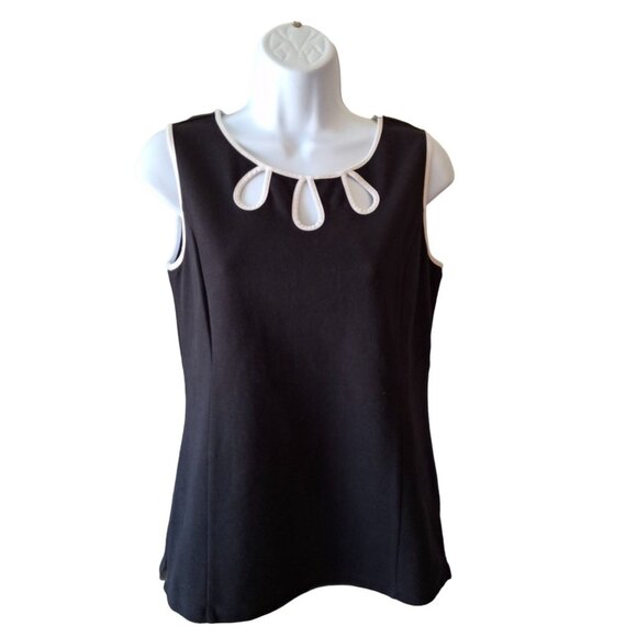 Talbots Womens Black Sleeveless Top XS White Trim Teardrop Neck Cutout Corpcore - Picture 1 of 7